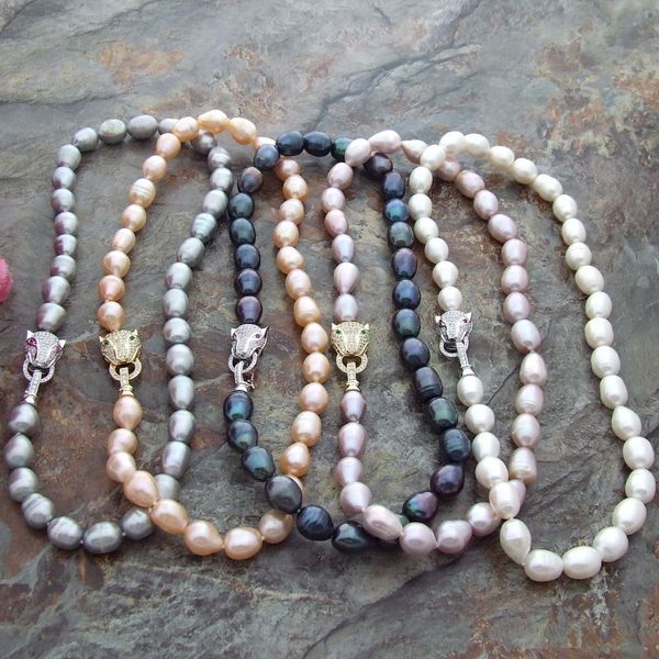 

17 10x12mm white black gray pink purple rice freshwater pearl necklace pave clasp, Silver