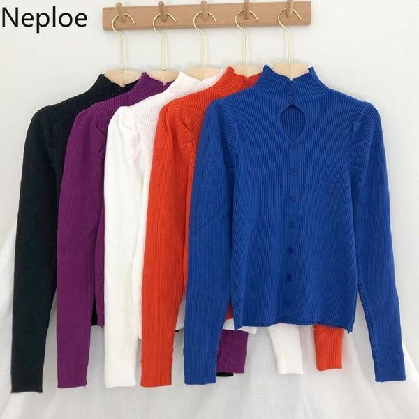

neploe chic sweaters women sweet puff sleeve turtleneck hollow out knitted pullovers pull femme solid color slim fit jumper 210422, White;black