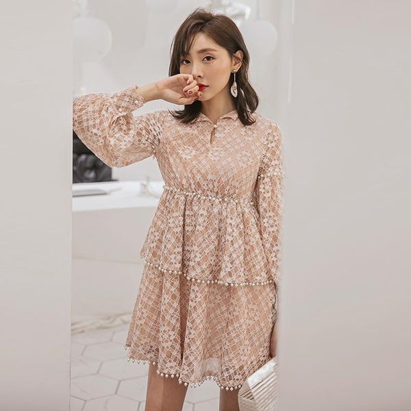 

autumn arrivals lace dress turn-down collar sweet a-line lantern sleeves birthday party 65242 casual dresses, Black;gray