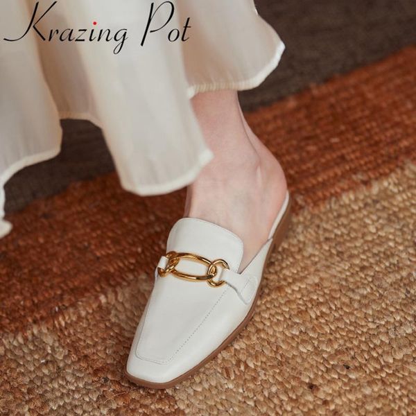 

slippers krazing pot 2021 genuine leather low heels gorgeous outside metal fashion casual slip on slingback flip flops mules l90, Black