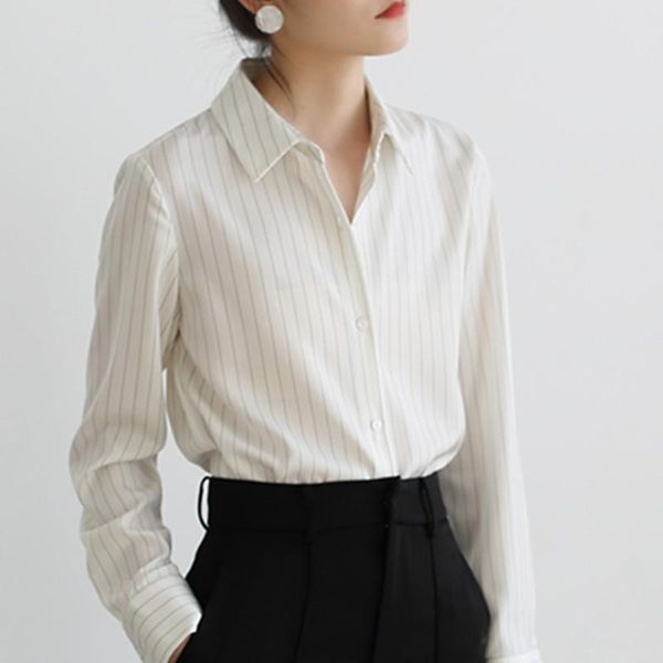 

alien kitty women shirts 2021 summer autumn white striped blouses full sleeve elegant female office lady all match fashion women's &