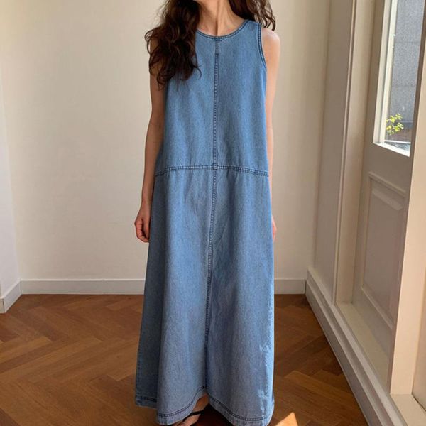 

casual dresses [ewq] korea chic fashion round neck loose robe wash blue denim sleeveless vest dress women summer 2021 16w1440, Black;gray