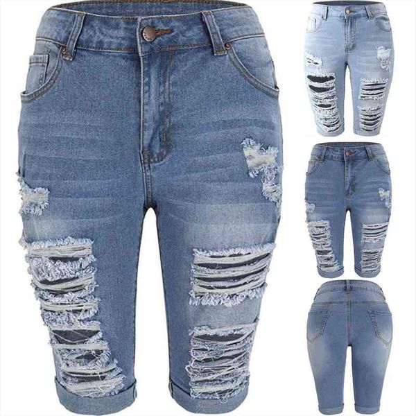 

elastic destroyed hole leggings women jeans short pants denim shorts ripped zipper plus size blue