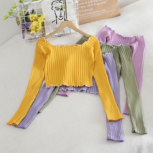 

women's t-shirt autumn summer long sleeve crop knit women ruffles khaki casual t shirts basic off shoulder shirt woman tshirts, White