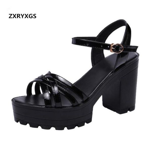 

patent leather catwalk summer shoes woman sandals fish mouth platform thick high heel plus size women, Black