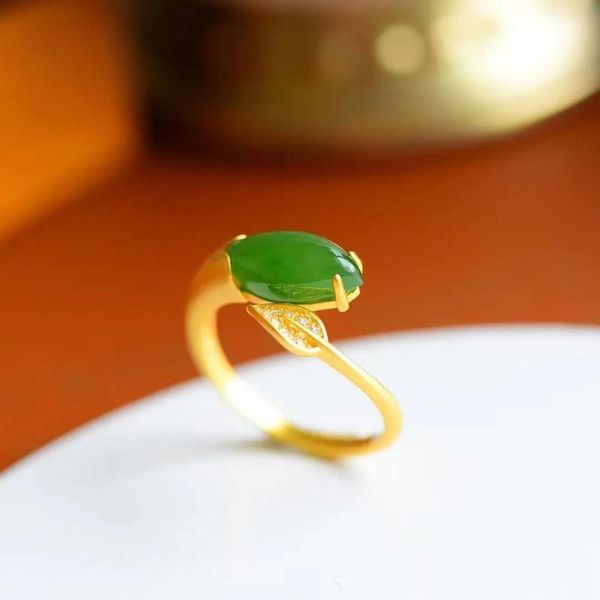 

natural hetian jade jasper magnolia horse eye opening adjustable ring chinese retro creative charm women's brand jewelry cluster rings, Golden;silver