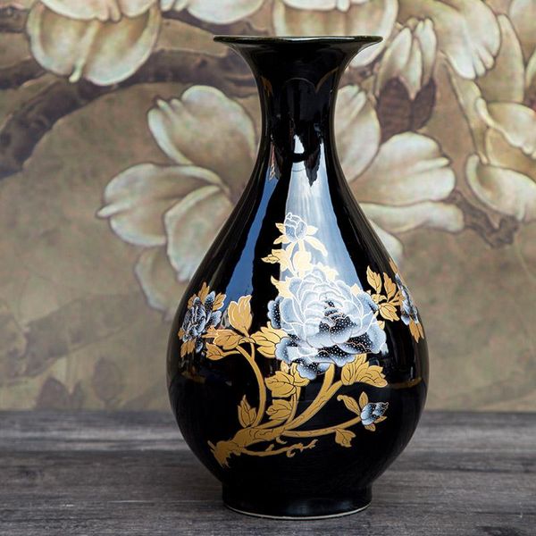 

vases ceramics modern fashion brief peony flower vase color blue and black glaze home decoration