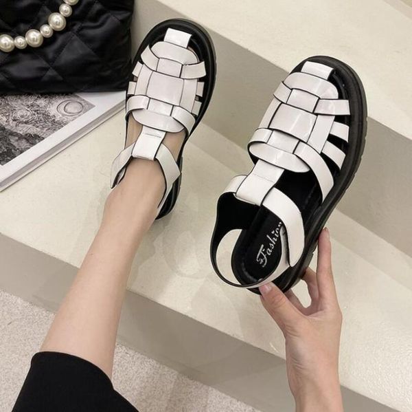 

rome women's sandals 2021 flat shoes round toe leather holiday beach woman comfort thick sole sandalias mujer, Black