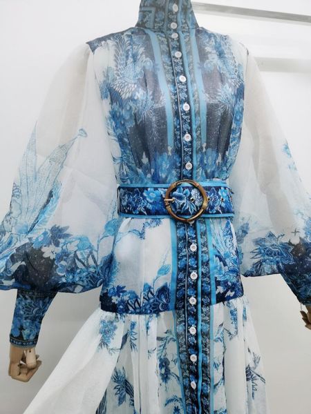 

casual dresses high street women maxi long dress flowers printed party bohemian aline stand collar buttons sashes designer chic vestido, Black;gray