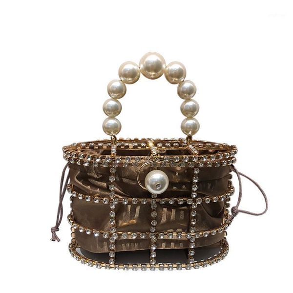 

evening bags women clutches bag metallic diamonds handbag holow out cage fashion pearl female ladies tote girls for party