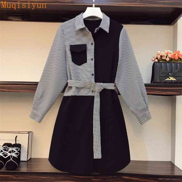

shirt dress for women spring turn-down collar long sleeve houndstooth patchwork black loose casual dresses with belt 210519, Black;gray