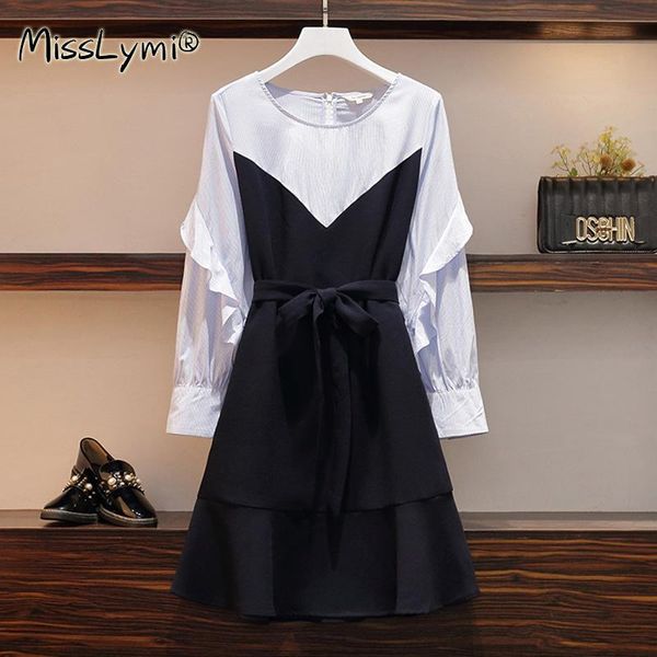 

l-4xl plus size young women casual dress autumn 2021 korean fashion ruffle striped patchwork long sleeve loose mermaid dresses, Black;gray