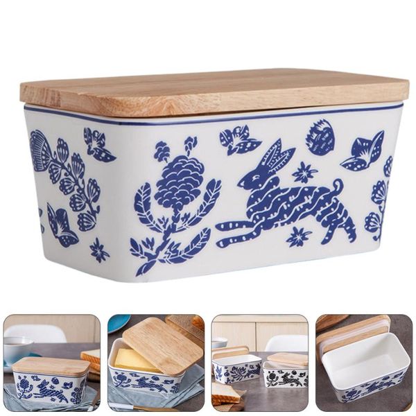 

dishes & plates 1pc patterned ceramic butter dish keeper container with wooden lid