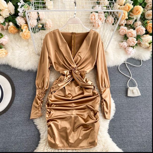 

ins fashion twist front womens dresses v neck puff sleeve mini bodycon dress slim waist ruched party club vestidos, Black;gray