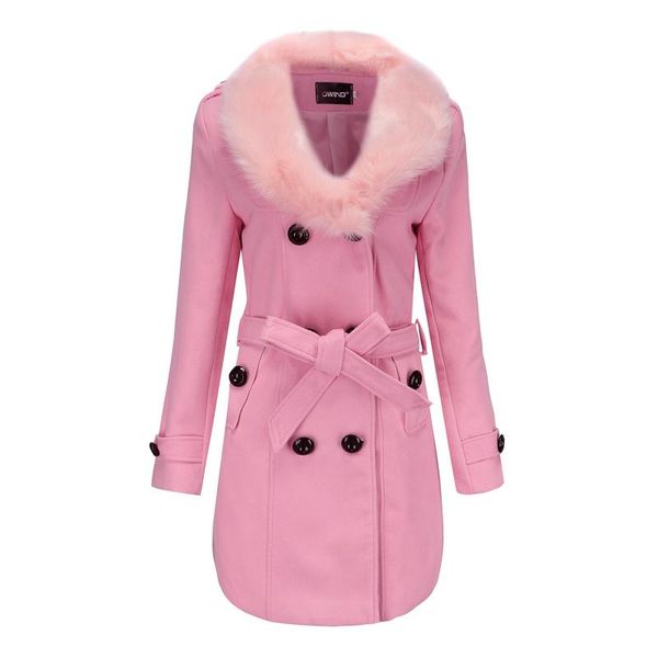

women's wool & blends elegant women winter fur collar blend coat autumn long and jacket solid woolen outerwear plus size, Black