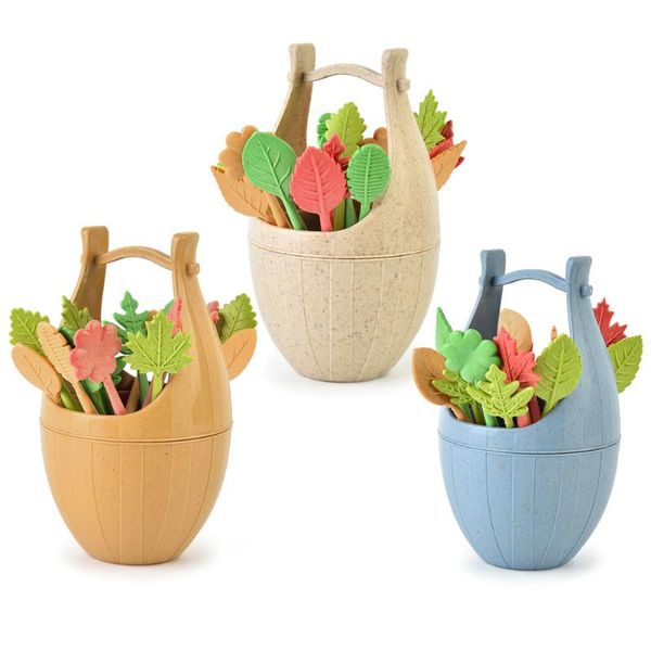 

forks 16pcs/set nordic style wheat straw barrel leaves fruit fork lunch cake dessert picks skewers sandwich wedding party decor