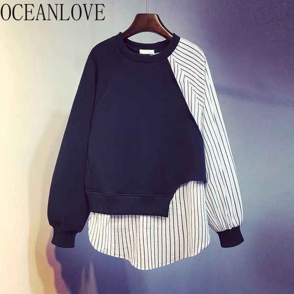 

striped patchwork sudadera mujer vintage autumn winter hoodies women fake 2 pcs sweatshirts korean 18985 210415, Black