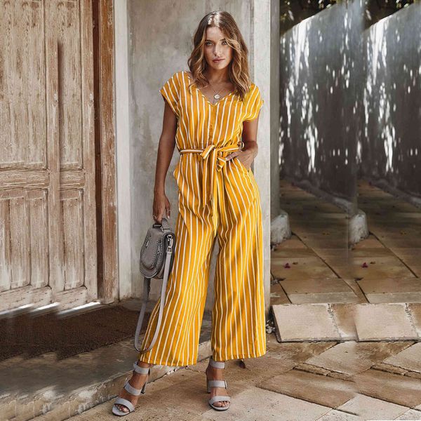 Donne Summer Tutesuits Fashion Striscia Stampata Gamba larga Cotone Straight Striped Striped Lace Up Wouns Tuta da donna 210524