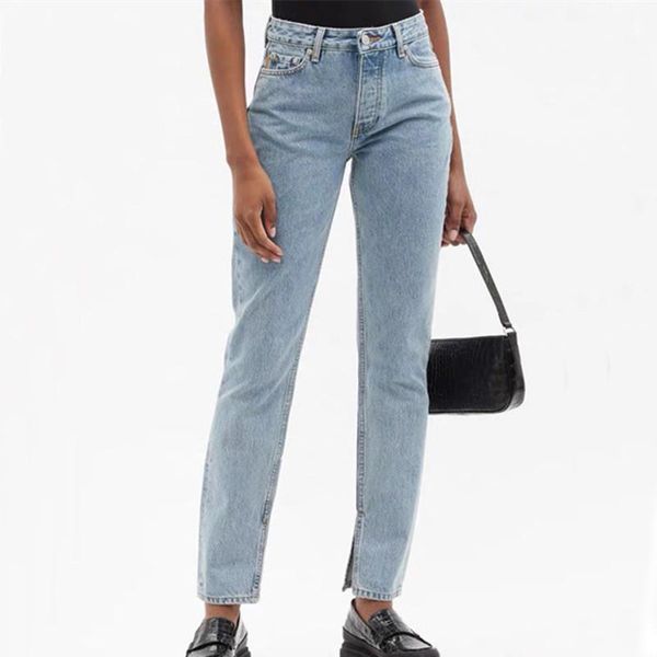 

women's jeans 2021 summer autumn split high waist straight long pants slim ladies loose casual denim trousers with pockets, Blue