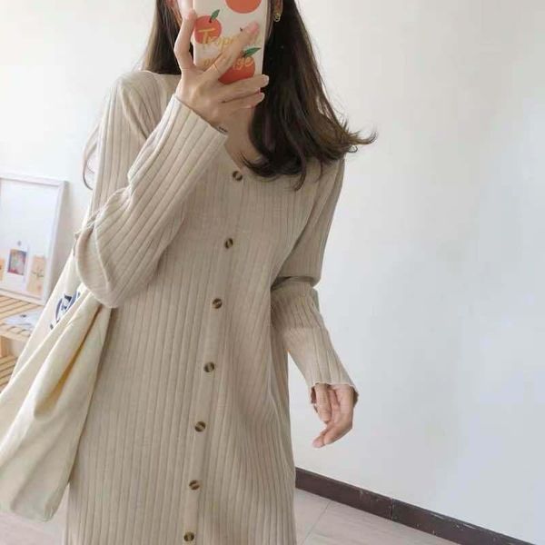 

women's trench coats 2021 autumn and winter knitting with coat, wool dress, knee length skirt, loose lazy dress, Tan;black
