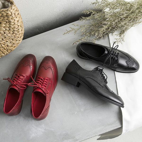 

dress shoes british style bullock vintage oxford women genuine leather round toe cross-tied lace up block mid heels casual pumps woman, Black