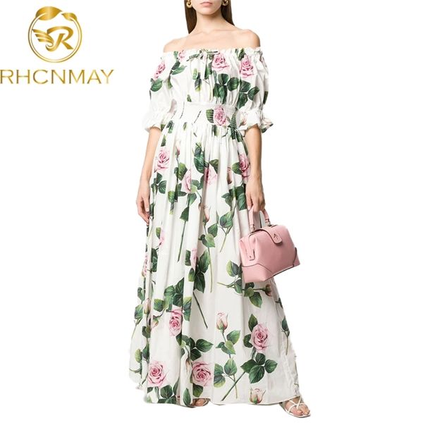 

runway designer summer slash-neck floral print flare sleeve elastic waist holiday dress elegant vestidos robe 210506, Black;gray