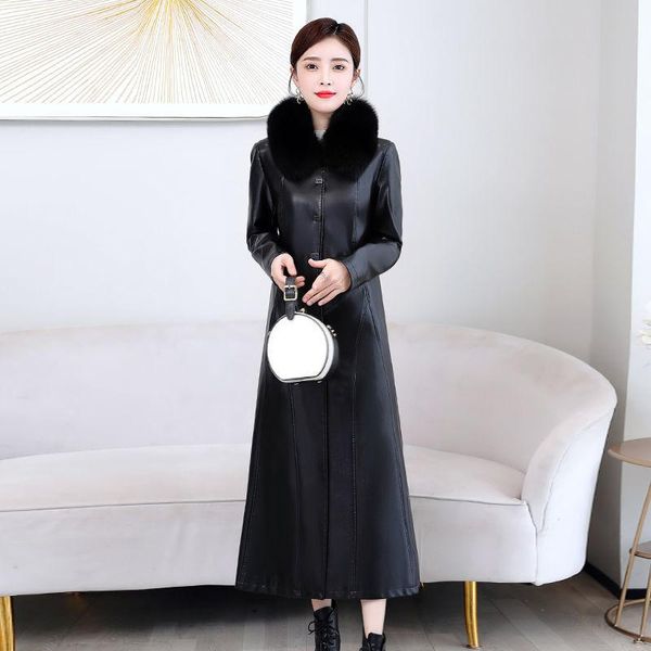 

women's leather & faux m-7xl women long pu jacket 2021 female autumn winter lined add cotton coat femme high-end overcoat, Black