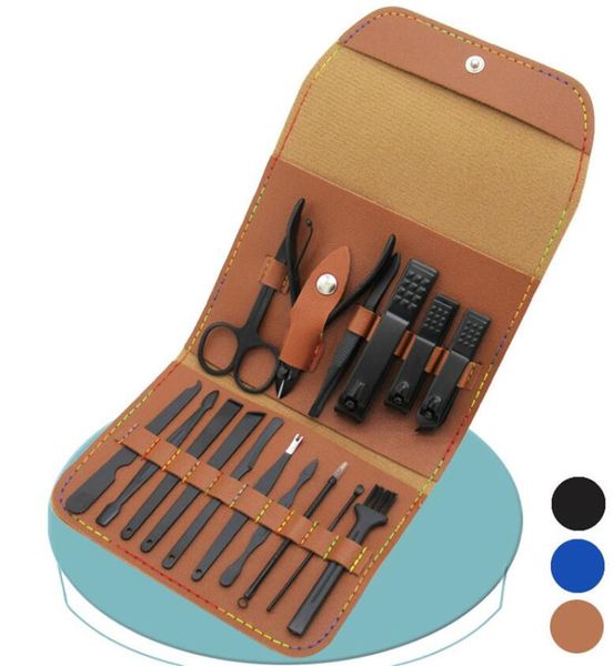 Großhandel 16-teiliges Nagelknipser-Set, Maniküre-Set, Fingernagelknipser-Set, scharfe Pediküre aus schwarzem Edelstahl mit PU-Lederetui für Fingernägel und Zehennägel