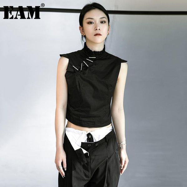 

women's t-shirt [eam] women black buckle irregular slim short stand collar sleeveless fashion tide spring summer 2021 1dd9645, White