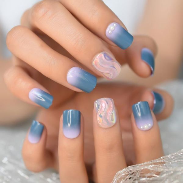 False Nails 26PCS Ombre Swirl Crown Nail с жемчугом Довольно Полный чехол Гель Глянцевый Нажмите на поддельные художественные советы набор маникюрных инструментов