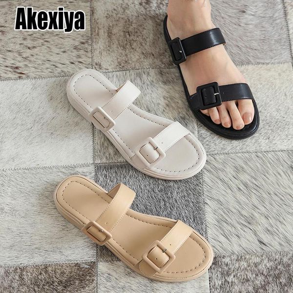 

women's slippers 2021 beach buckle open toe black flat-bottomed genuine leather and o061