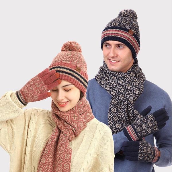 

hats, scarves & gloves sets 3pcs winter scarf hat glove set for men women pompom beanies touch screen warm geometric velvet skull cap, Blue;gray