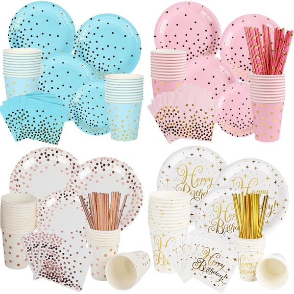 

disposable dinnerware pink blue rose gold polka dot stamping tableware paper plate cup birthday party decoration kids wedding