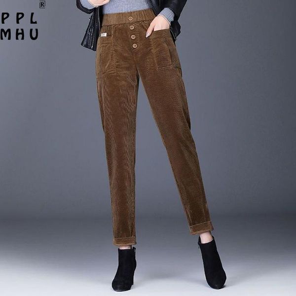 

loose single-breasted corduroy elastic waist straight leg trousers women casual solid color harem pants slim plus size women's & capris, Black;white