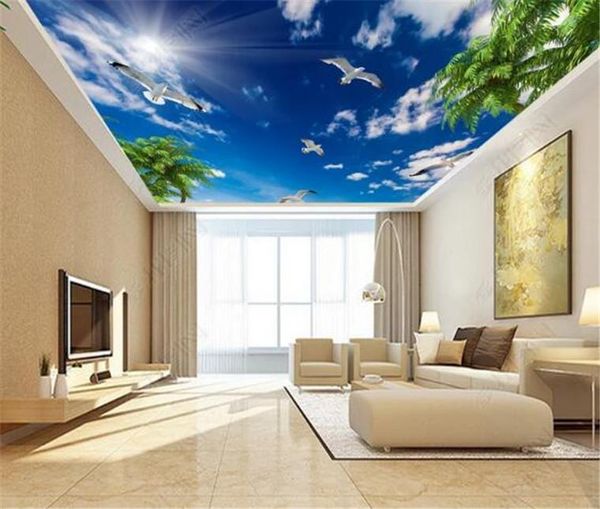 

wallpapers modern 3d po wallpaper blue sky and white clouds i seagull leaves home interior living room ceiling hall mural wall