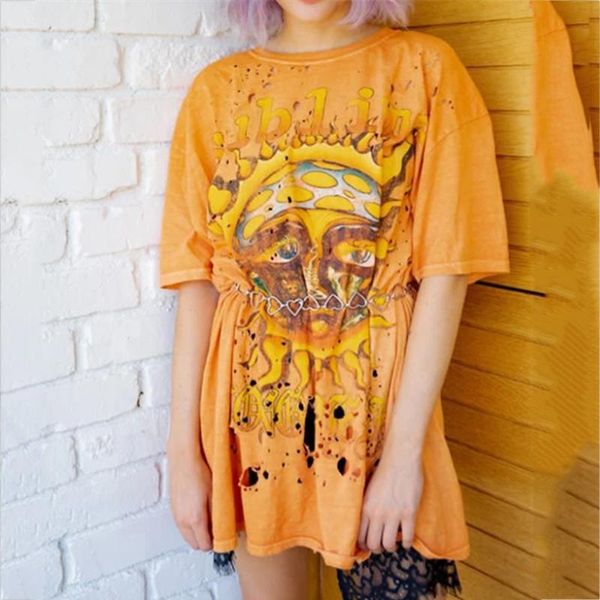 

yellow sun face print loose woman tshirts short sleeve casual ropa plus size mujer 2021 spring gothic fashion tshirt women's t-shirt, White