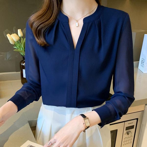 

women's blouses & shirts autumn v-neck solid office women blouse long sleeve casual loose shirt pleated elegant blusas 16564, White