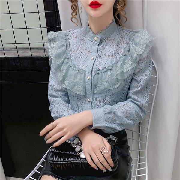 

design spring autumn loose women blouses lolita sweet style clothes lace up ruffles fashion brand ulzzang stand shirts ladies to, White