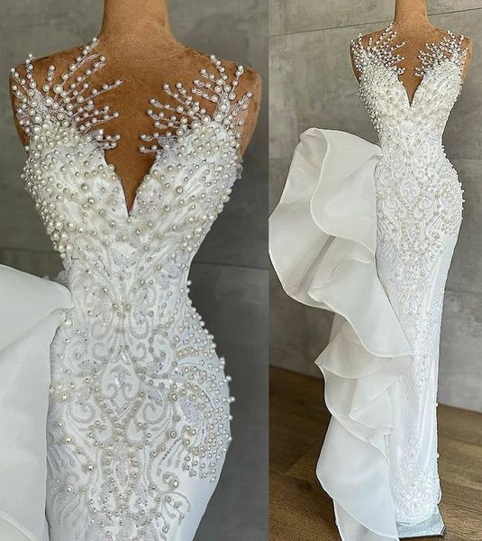 

2021 plus size arabic aso ebi luxurious lace beaded wedding dress sheer neck shearth vintage bridal gowns dresses zj224, White