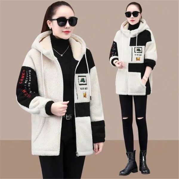 

women's wool & blends imitate lamb velvet coat autumn winter add thick loose all-match mid-length hooded hoodie ladies jacket, Black