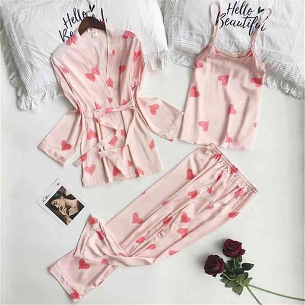 

satin spring pajamas set 3 pieces suit woman faux silk love print sleepwear autumn sling trousers homewear, Black;red