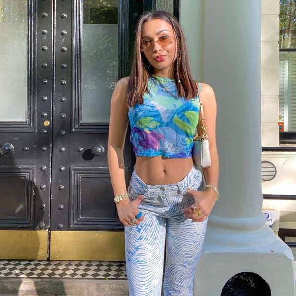 

women's tanks & camis summer fashion women\u2021s causal round neck vest mesh yarn printing exposed navel sleeveless, White