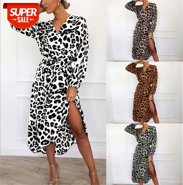 

european and american print leopard dress v-neck long skirt bohemian beach #0f8o, Black