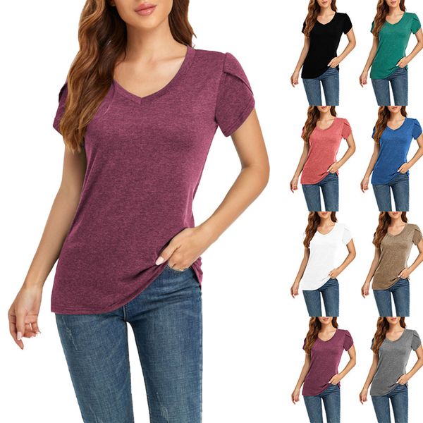 

women's 2021 new petal sleeve v-neck short sleeve casual t-shirt, White