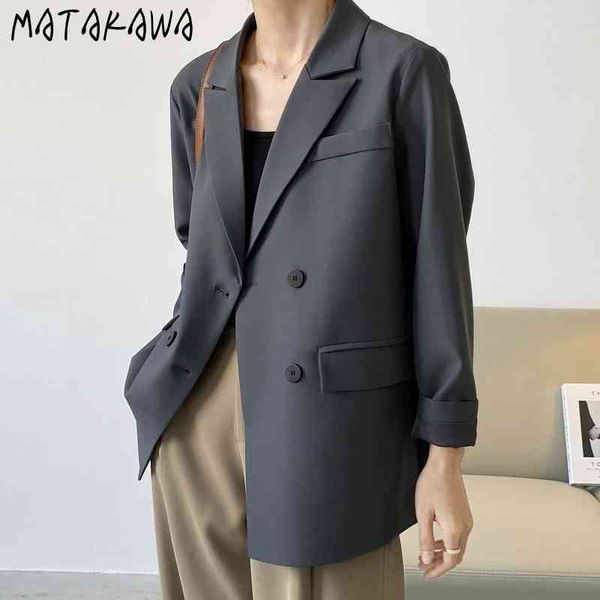 

matakawa long-sleeved blazer women basic black suit jacket women loose casual suit double breasted notched women blazers 210513, White;black