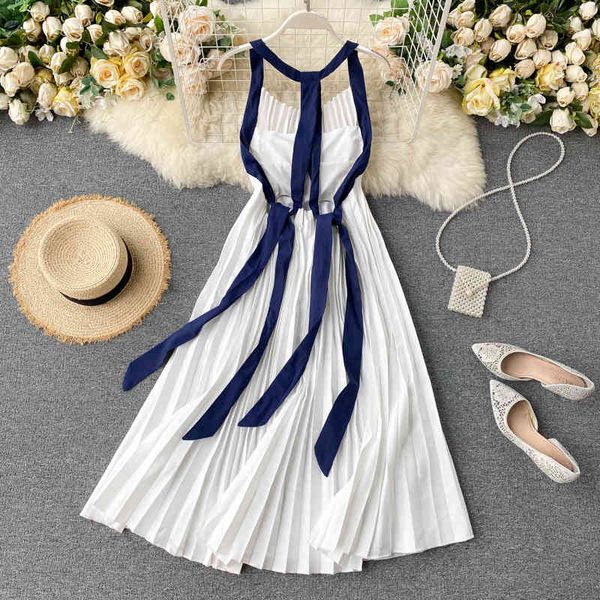 

summer women spaghetti strap backless mini dress casual loose white pleated beach seaside 210423, Black;gray