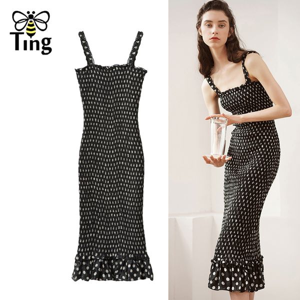 

designer vintage polka dot bodycon tight midi party dresses elegant summer dinner dress strap robes frocks for lady 210513, Black;gray