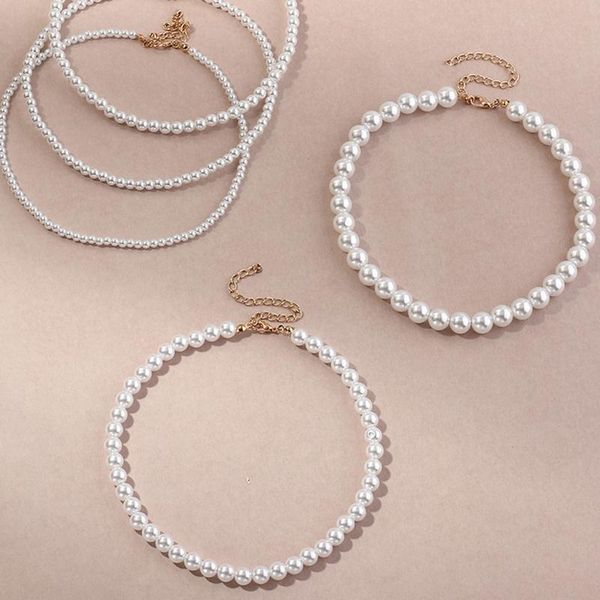 

chains 5pcs/set round beads pearl chain choker necklace for women charming jewelry gift, Silver