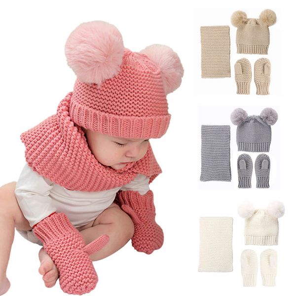 Fashion Wave Knit Baby Pom-Pom Beanie Schal Handschuh Sets Schöne Kinder Zwei Bälle Solide Warme Mützen Schals Handschuhe Größe 0-36 Monate