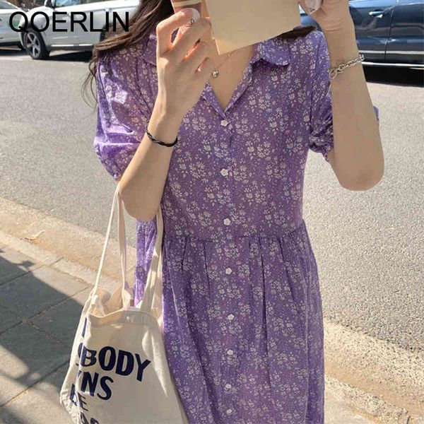 

qoerlin retro french style summer floral single-breasted shirt dress women turn-down collar short sleeve purple dresses ladies 210412, Black;gray